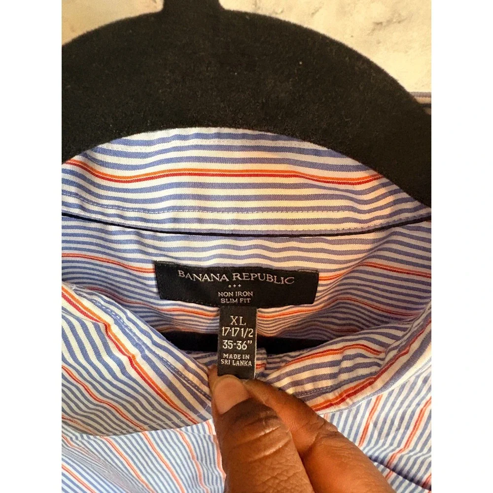 Banana Republic‎ XL 17-17.5 Slim Fit Non-Iron Dress Shirt Blue Orange Stripe